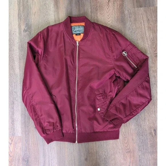Brooklyn Cloth Mens Bomber Jacket Burgundy Maroon Quilted Orange Lining Large - Picture 1 of 16